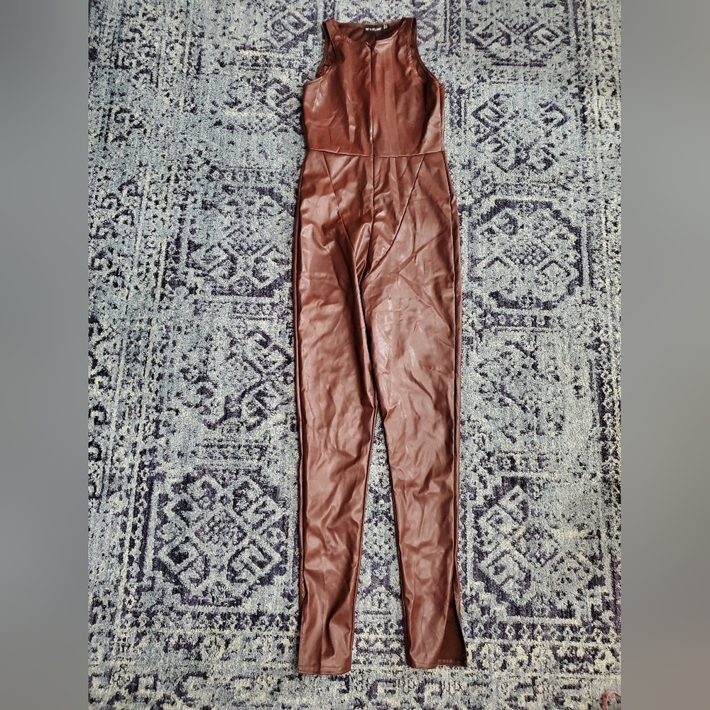 PRETTY LITTLE THING Faux Leather Brown Sleeveless Jumpsuit - Picture 3 of 10